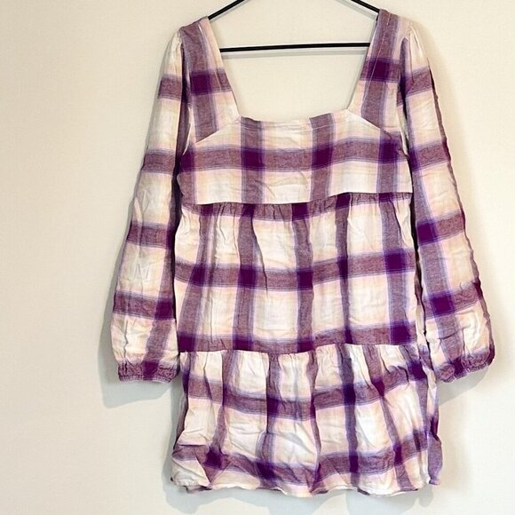 NWT BP by Nordstrom Cream + Purple Plaid Long Sleeve Square Neck Mini Dress - S - Picture 7 of 7